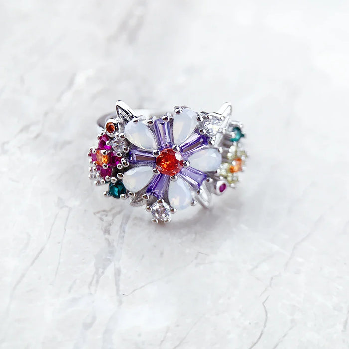 925 Sterling Silver Boho Colourful Flowers Ring For Women