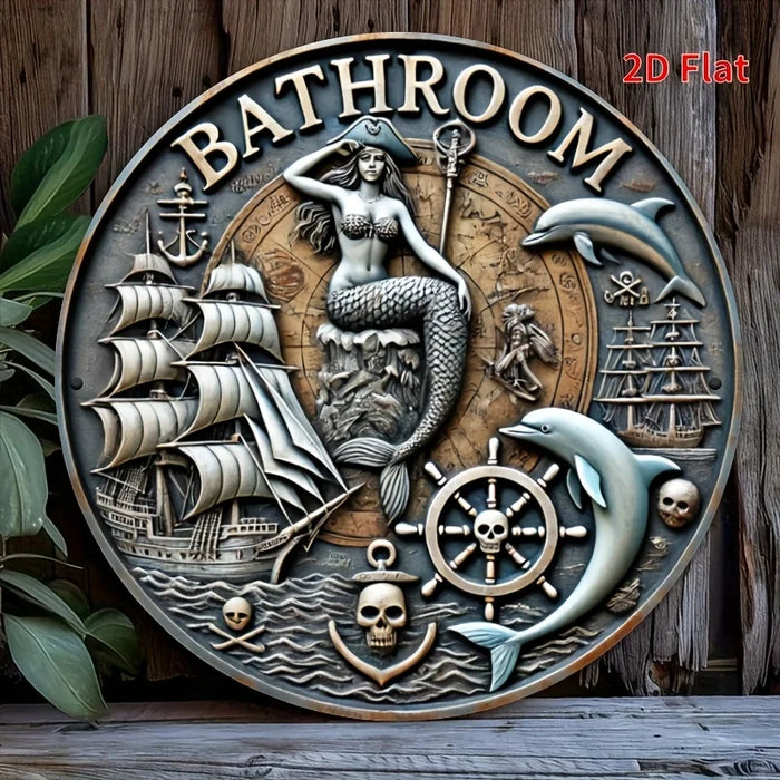 Vintage Mermaid Pirate Bathroom Sign Round Aluminum Wall Art
