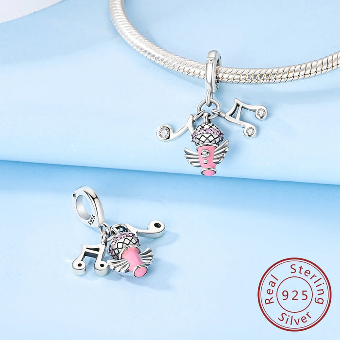 925 Sterling Silver Music Note Microphone Charm Fits Bracelet Diy Gift For Women