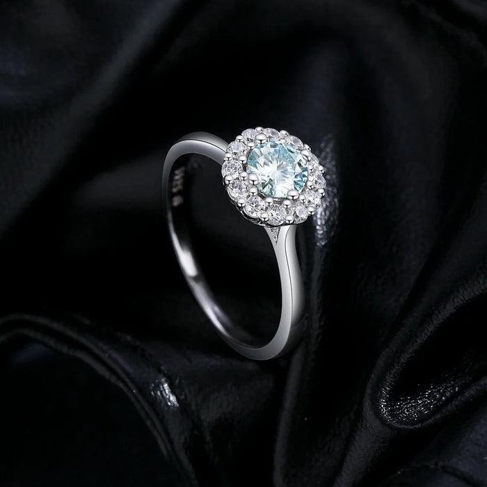 925 Sterling Silver Green Teal Moissanite Halo Ring