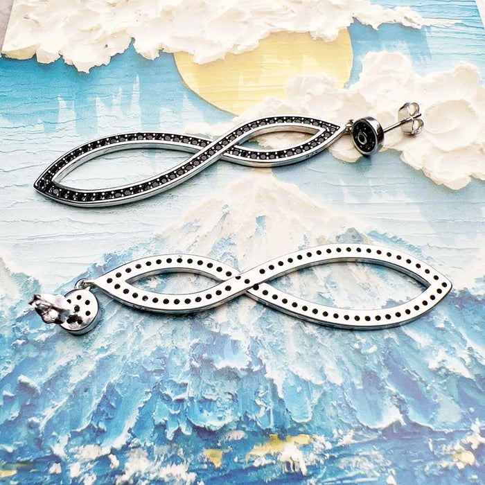 925 Sterling Silver Romantic Gift Black Stone Infinity Twist Drop Earrings Love For Women