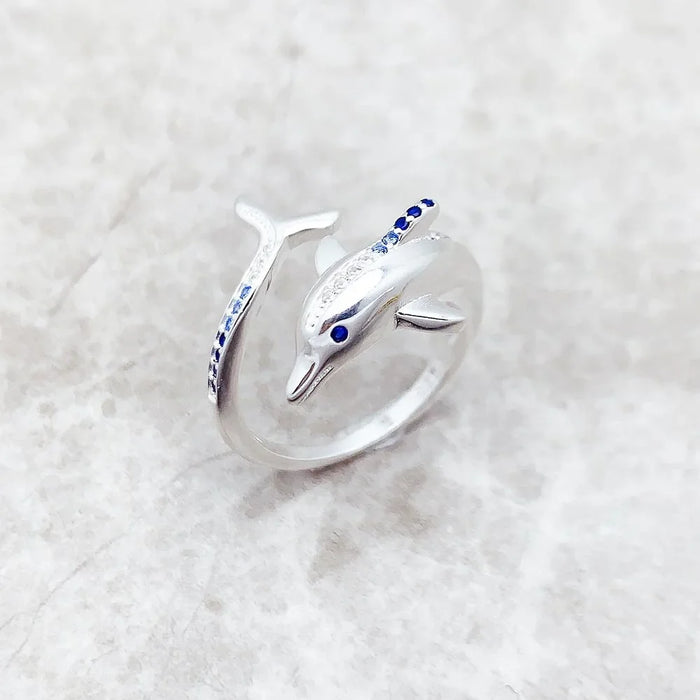 925 Sterling Silver Blue Stone Dolphin Ring Cheerful For Women