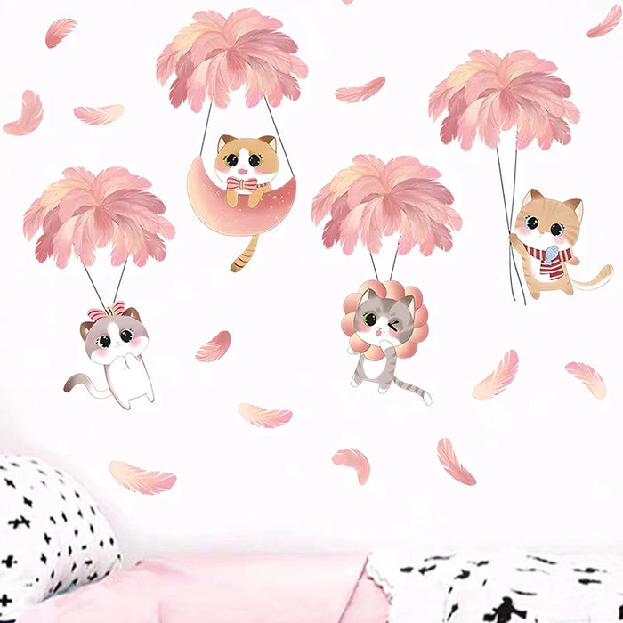 Hand Painted Feather Balloon Cats Wall Stickers For Kids Room