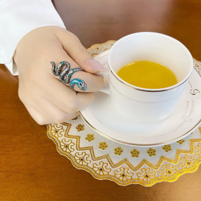 925 Sterling Silver Boho Blue Snake Pave Open Ring