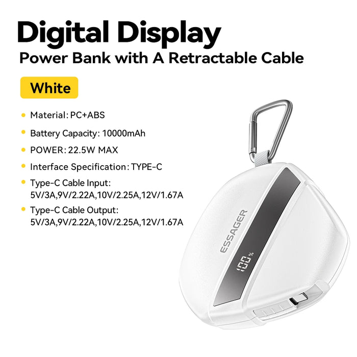 10000Mah Digital Display Power Bank With Retractable 22.5W Fast Charger Built In Lighting Sos For Outdoor Iphone Xiaomi