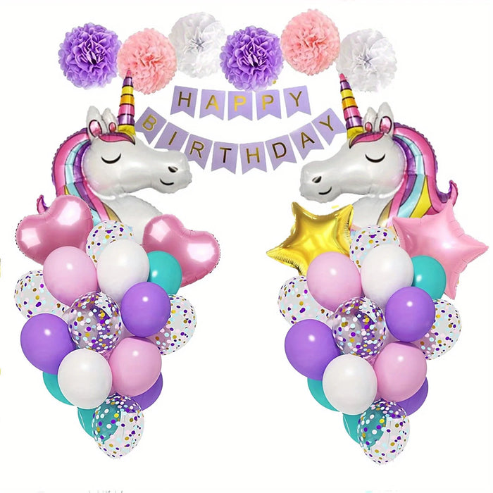 65Pcs Birthday Balloon Set Pentacle Unicorn Balloon Birthday Flag Paper Flowers For Birthday Party Anniversary Decoration