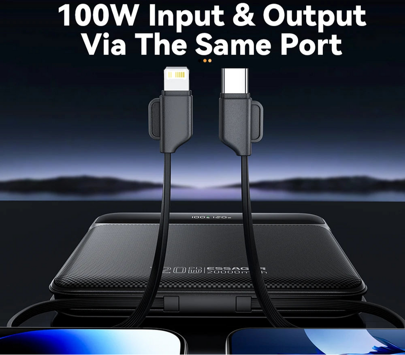 120W 20000Mah Power Bank With Two Built-In Cables 100W Pd Fast Charging For Iphone 16 15 14 Pro Max Ipad Macbook Laptop
