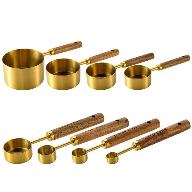 8 Piece Gold Stainless Steel Measuring Set With Wooden Handles