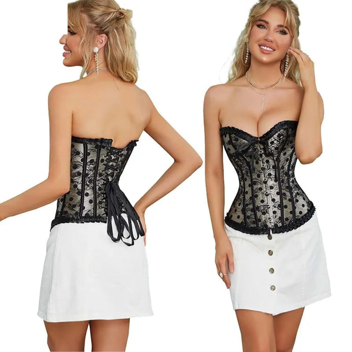 Fishbones Women Ruffled Lace Boned Corset Bustier Plus Size