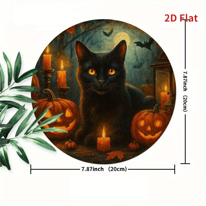 Retro Round Iron Sign Spooky Black Cat & Pumpkin Lantern For Bedroom Or Dining Room