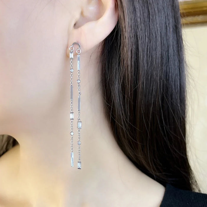 925 Sterling Silver Baguette Cut Earrings Angular Stones Long Glam Jewelry For Women