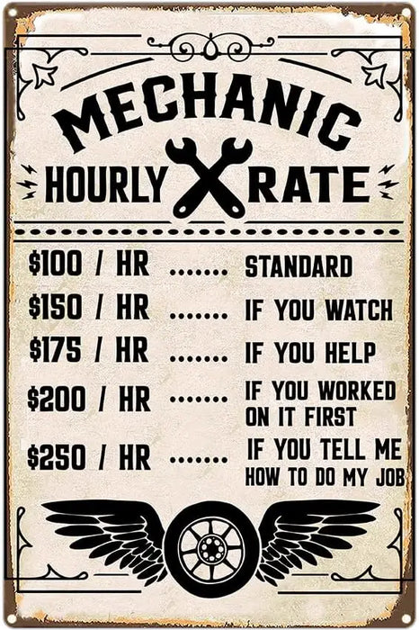 Retro Mechanic Shop Sign Hourly Rate Metal Decor