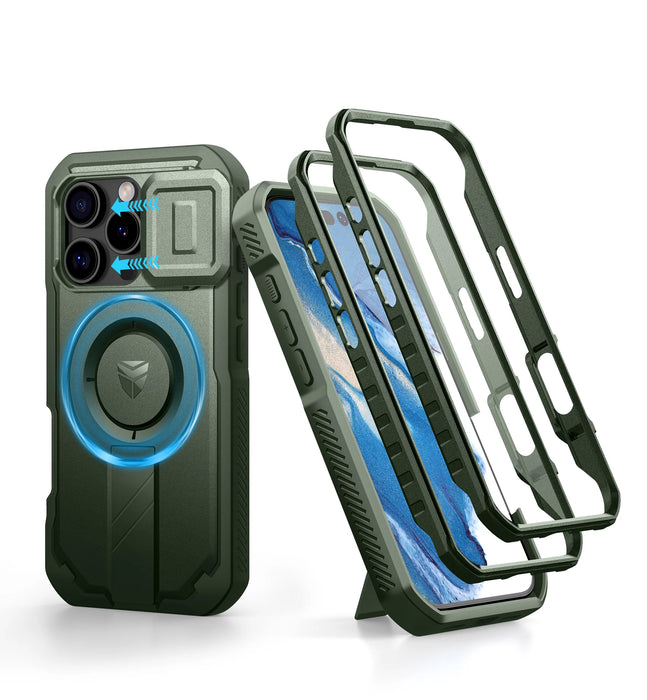 For Iphone 16 Pro Magsafe Rugged Armor Shockproof Case With Built-In Sliding Camera Case Built-In Screen Protector Holder
