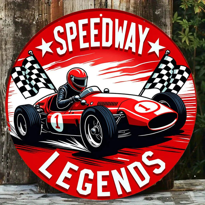 Vintage Race Track Sign Metal Art With Checkered Flag And Helmet Motif