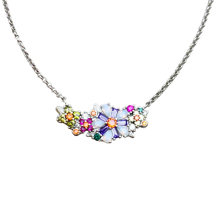 925 Sterling Silver Colourful Stone Flower Necklace Link Chain Romantic Gift