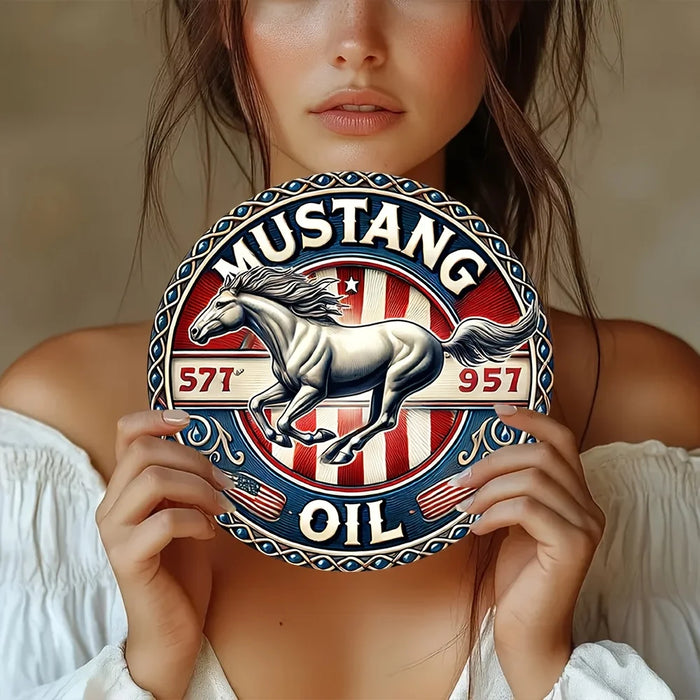Vintage Round Metal Sign Mustang Oil Design