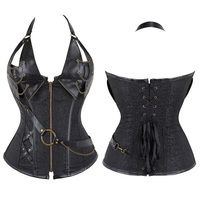 Deep V Halter Chest Binder Bustier Black Brown Steampunk Gothic Corset Plus Size With Zip