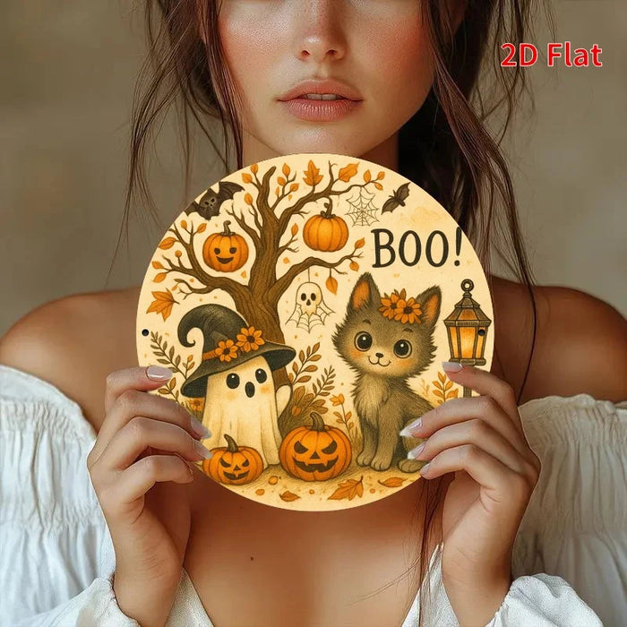 Vintage Round Iron Sign Cozy Halloween & Christmas Scene With Ghosts And Puppy