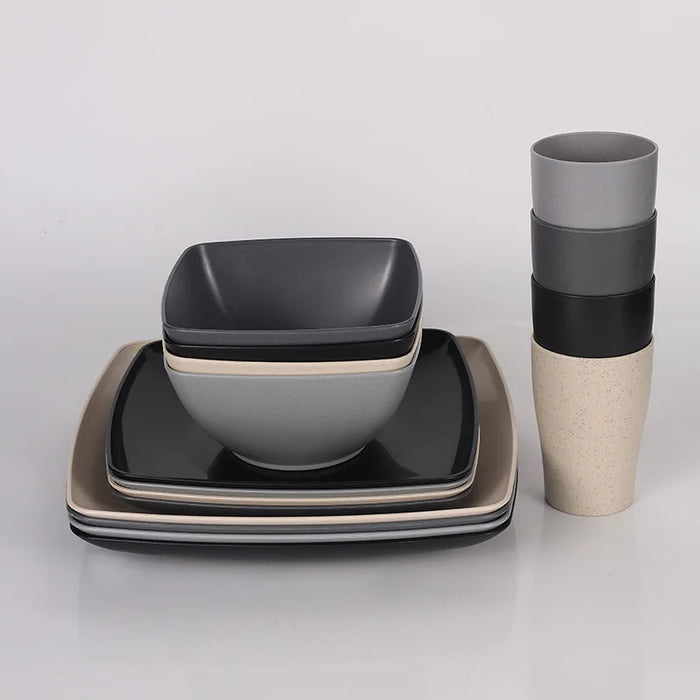 16 / 32 Piece Plastic Square Dinnerware Set Dishwasher & Microwave Safe Space