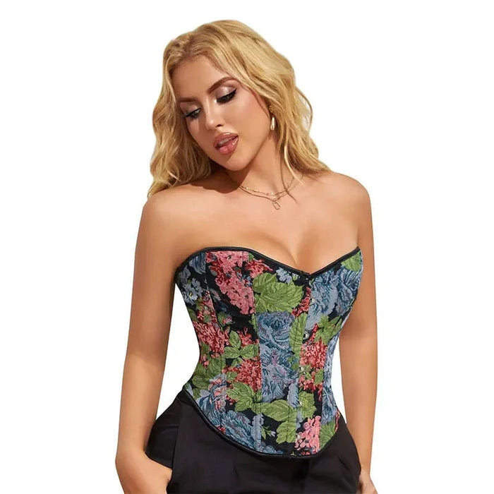 Floral Embroided Backless Gothic Corset Front 5 Busk Back Lace Seamless & Oil Painting Design