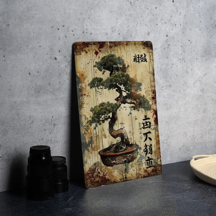 Retro Bonsai Tree Tin Sign Japanese Font Aged Wood Look