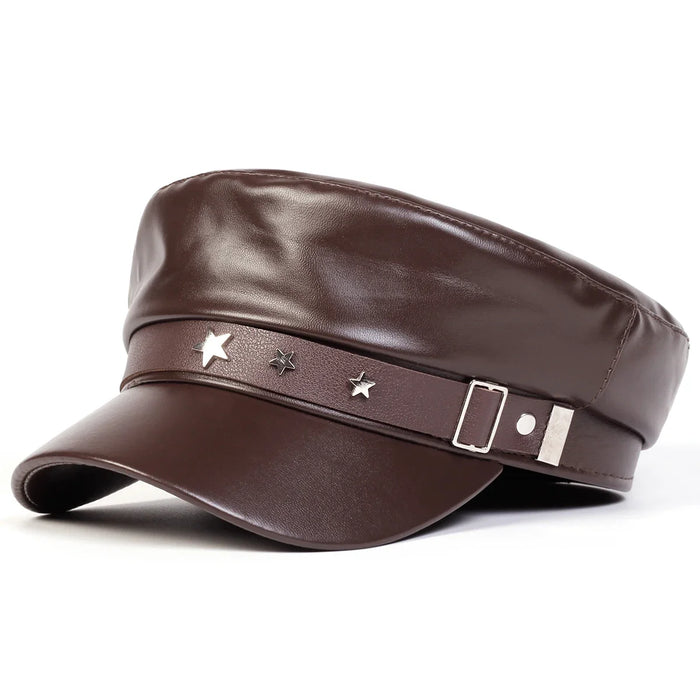 Unisex Pu Leather Military Hat With Star Buckle Flat Top Cadet Cap For Women Outdoor Sports Sunscreen Hat