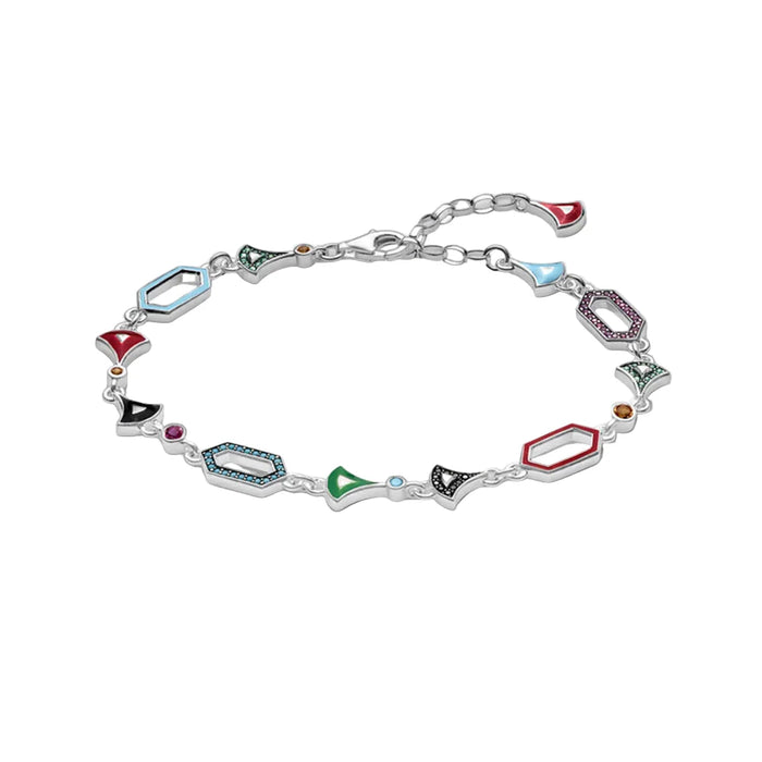 925 Sterling Silver Colourful Asian Ornament Link Chain Bracelet Feminine