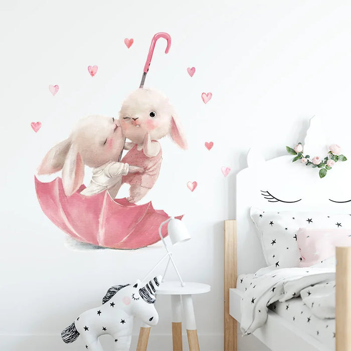 Watercolour Pink Umbrella With Bunny Wall Stickers And Hearts For Kids Room Decor
