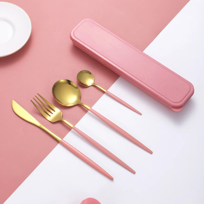 4 Piece Portable Tableware Set Steak Knife Dessert Fork Spoon Dragon Design