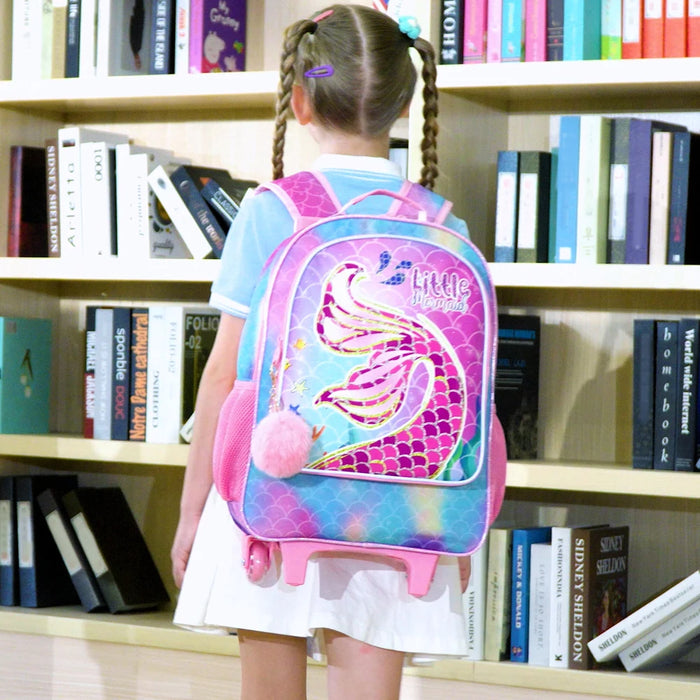 3 Piece Girls Rolling Backpack Set With Lunch Bag Mermaid