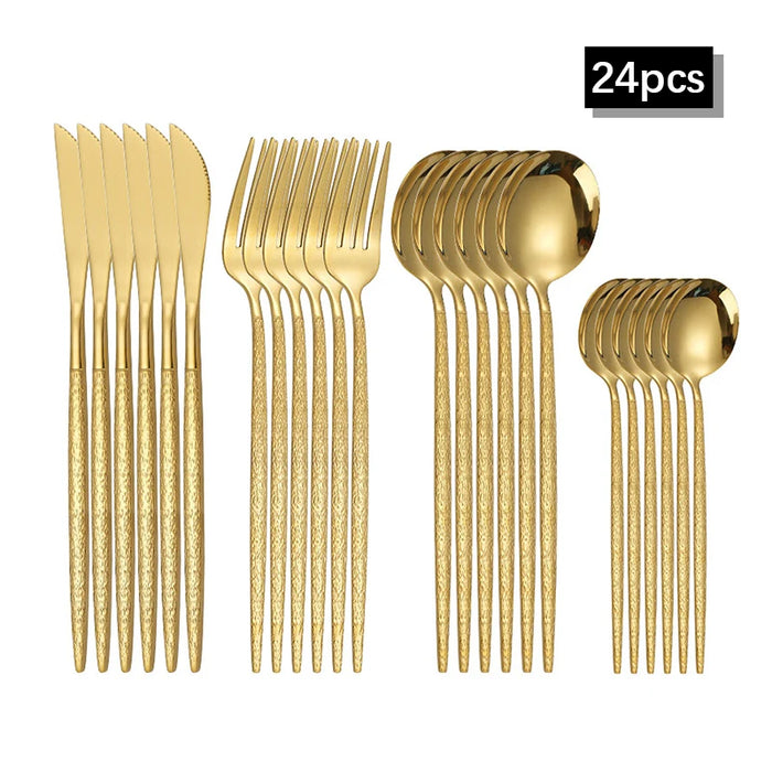 30 Piece Gold Hammered Stainless Steel Cutlery Set Dishwasher Safe