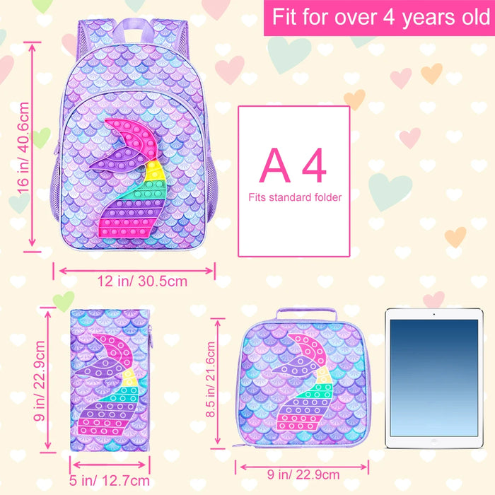 3 Piece Mermaid Backpack Set For Girls 16 Inch Bookbag Lunch Box