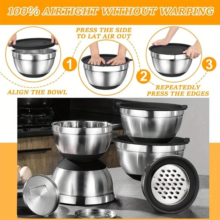 18 Piece Stainless Steel Mixing Bowl Set With Sealing Lids And Grater Attachment