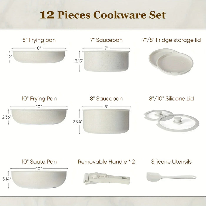 12 Piece Nonstick Induction Cookware Set With White Granite Finish