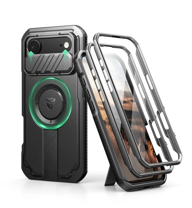 For Iphone 17 Air Rugged Armor Shockproof Case With Built-In Sliding Camera Case And Built-In Screen Protector Kickstand