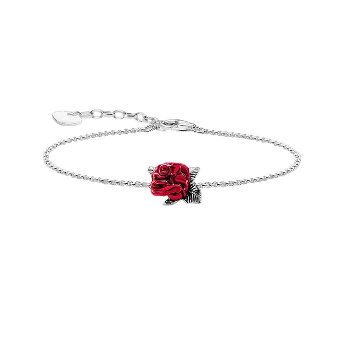 925 Sterling Silver Romantic Gift Red Rose Chain Bracelet Jewelry For Women