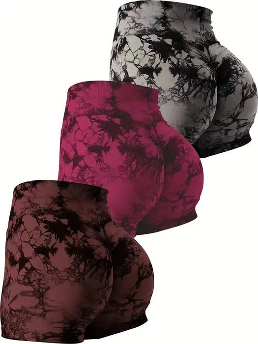 3 Piece Tie Dye High Waisted Yoga Shorts Set