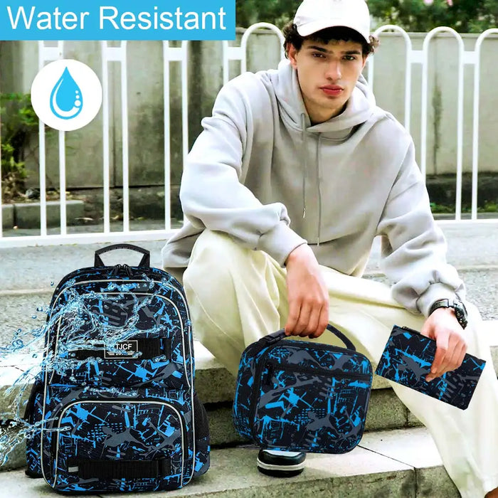 17 Inch Laptop Backpack With Lunch Bag Set Water Resistant Graffiti Design For Teens Men