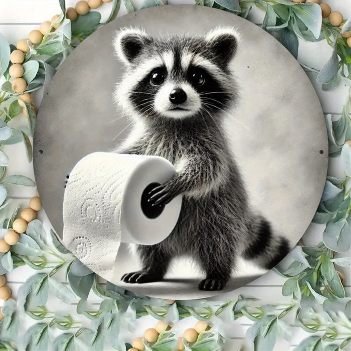 Round Raccoon Metal Wall Art 2D Printed Animal Decor For Home Office Garden & Patio