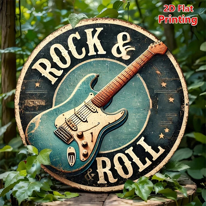 Vintage Style 8X8 Inch Round Aluminum Guitar Wall Art