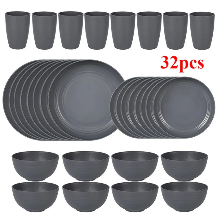 16 / 32 Piece Plastic Tableware Set Reusable Microwave & Dishwasher Safe Includes Dinnerware