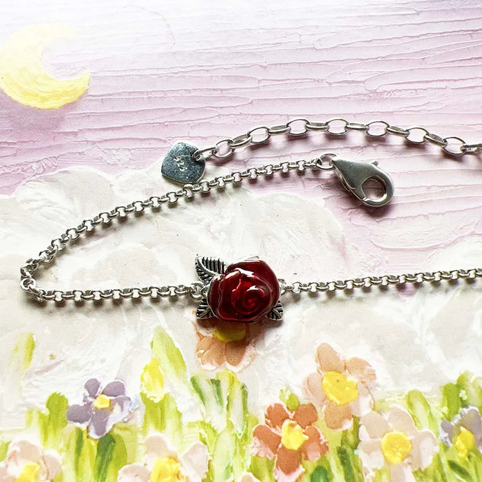925 Sterling Silver Romantic Gift Red Rose Chain Bracelet Jewelry For Women