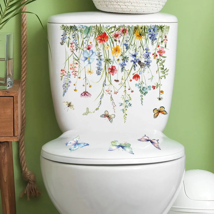 Watercolour Flower Butterfly Toilet Sticker For Bathroom Decor