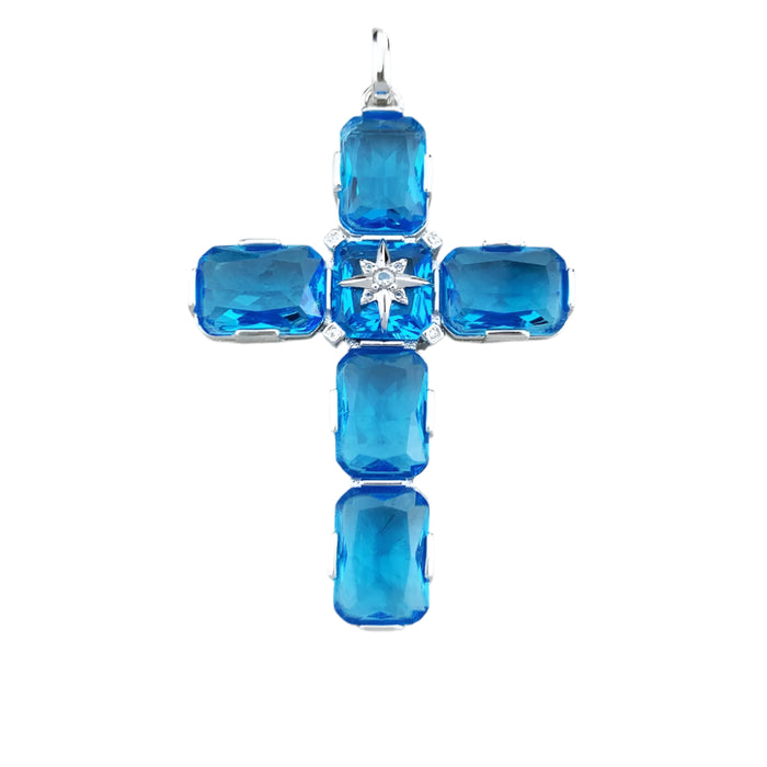 925 Sterling Silver Large Aquamarine Cross Pendant With Star Detail Gift For Women