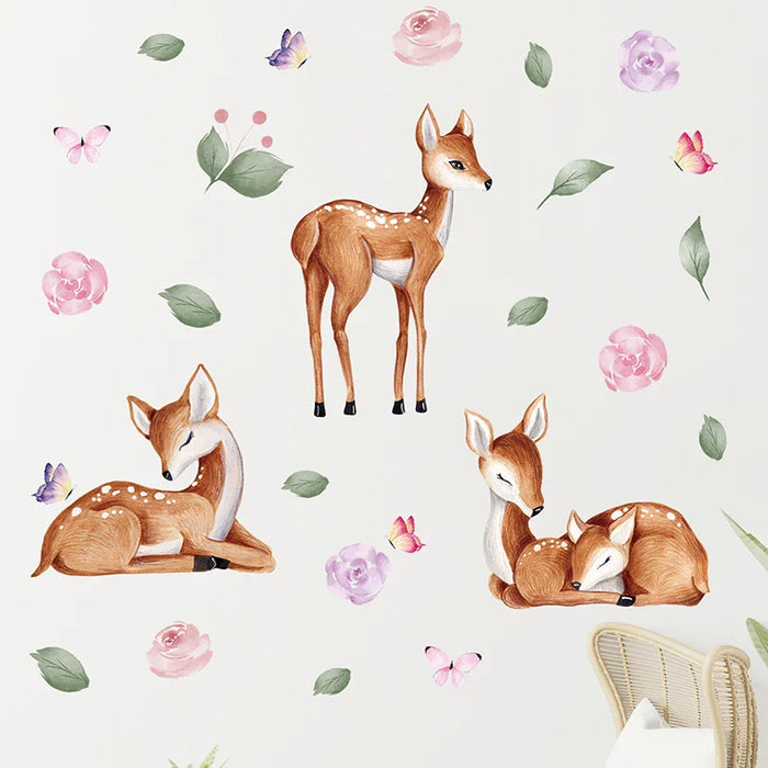 Watercolour Deer & Flower Wall Stickers For Kids Room Decor