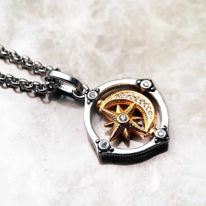 925 Sterling Silver Golden Star & Moon Pendant Necklace Lucky For Women