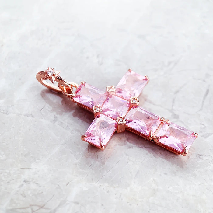 925 Sterling Silver Rose Gold Plated Cross Pendant With Pink Stones Fine Jewelry For Women Star Design Gift From Europe