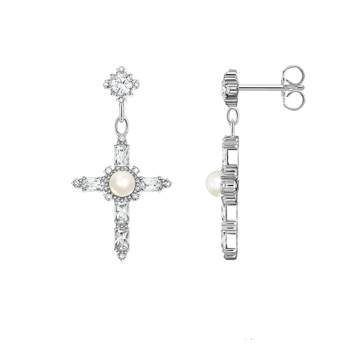 925 Sterling Silver Romantic Gift White Stone Cross Earrings Lucky For Women