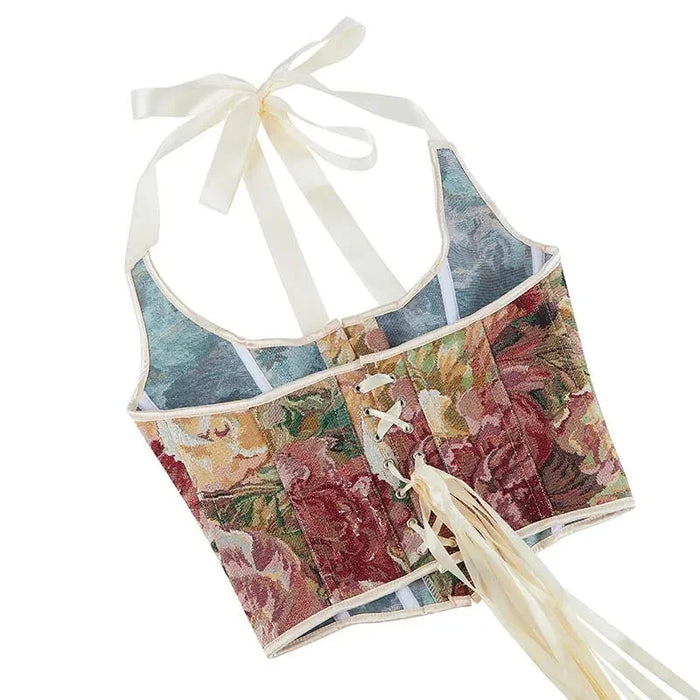 Retro Floral Print Halterneck Corset Top Front Busk Closure Plus Size Xs-Xxl