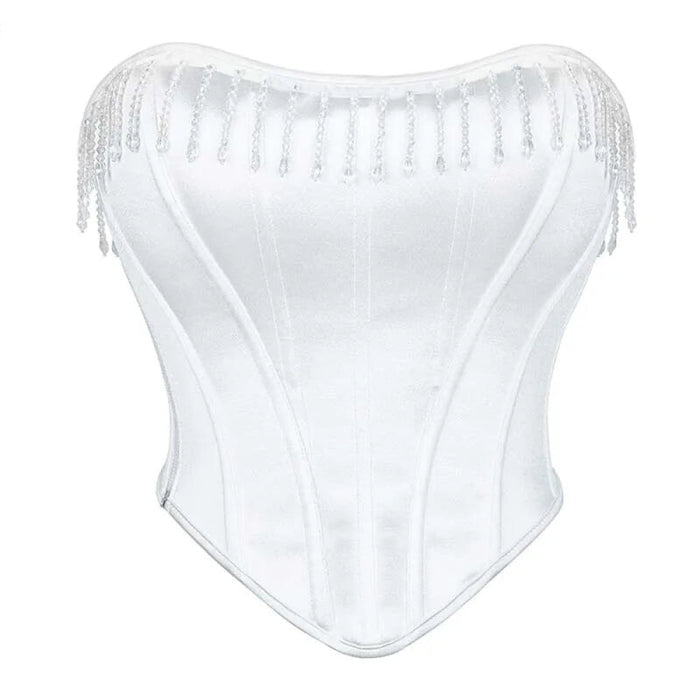 White Frill Retro Satin Overbust Corset Plus Size S-Xxxl Zip & Lace Up Boned Rhinestone Tassel